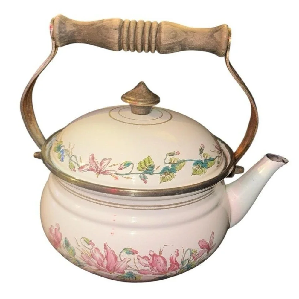 ASTA Enamelware Tea Kettle Teapot Brass Handles Floral Vintage 2 quart Germany